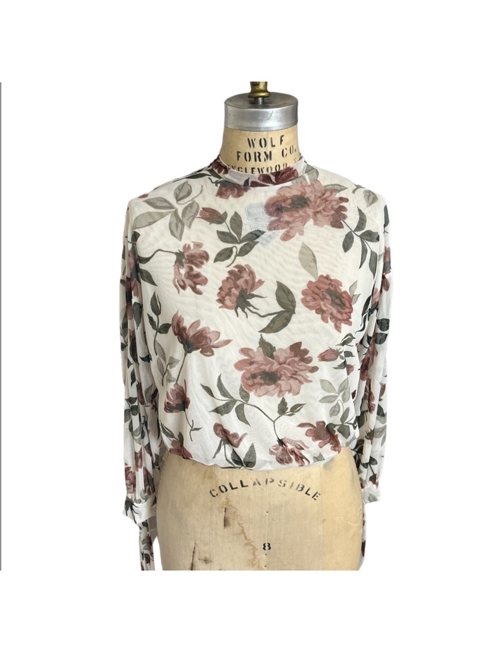 Floral Long-Sleeve Top - White with Pink Roses